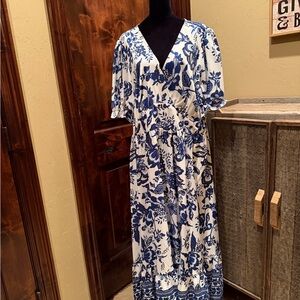 Blue & White Floral Wrap Maxi Dress with V-Neck